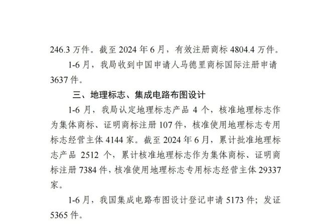 九游體育統(tǒng)計(jì) 2024年1-6月專利、商標(biāo)、地理標(biāo)志等知識產(chǎn)權(quán)主要統(tǒng)計(jì)數(shù)據(jù)出爐(圖3)